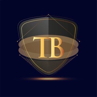Kalkan simgesi olan ilk logo harfi TB koyu arkaplan üzerinde izole edilmiş altın rengi, şirket kimliği için logotip tasarımı.