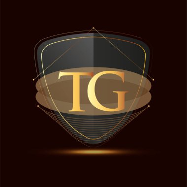 Kalkan simgesi ile ilk logo harfi TG Koyu arkaplan üzerinde izole edilmiş altın rengi, şirket kimliği için logotip tasarımı.