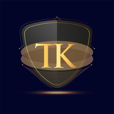 Koyu arka planda izole edilmiş kalkan simgesi altın rengi olan ilk logo harfi TK, şirket kimliği için logotip tasarımı.