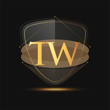 Kalkan simgesi olan ilk logo harfi TW koyu arkaplan üzerinde izole edilmiş altın rengi, şirket kimliği için logotip tasarımı.