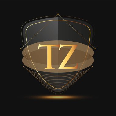 Kalkan simgesi ile ilk logo harfi TZ koyu arkaplan üzerinde izole edilmiş altın rengi, şirket kimliği için logotip tasarımı.