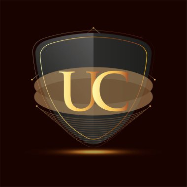 Kalkan simgesi olan ilk logo harfi UC koyu arkaplan üzerinde izole edilmiş altın rengi, şirket kimliği için logotip tasarımı.