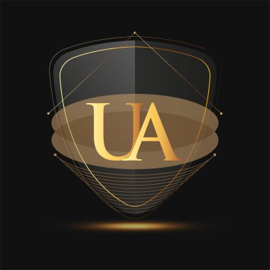 Kalkan simgesi olan ilk logo harfi UA koyu arkaplan üzerinde izole edilmiş altın renk, şirket kimliği için logotip tasarımı.