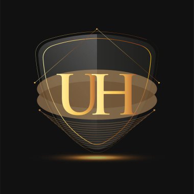 İlk logo harfi UH kalkan simgesi altın rengi koyu arka planda izole edilmiş, şirket kimliği için logotip tasarımı.