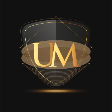 Kalkan simgesi olan ilk logo harfi UM koyu arkaplan üzerinde izole edilmiş altın renk, şirket kimliği için logotip tasarımı.