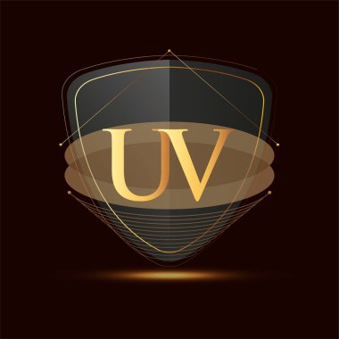 Kalkan simgesi olan ilk logo harfi UV koyu arkaplan üzerinde izole edilmiş altın rengi, şirket kimliği için logotip tasarımı.