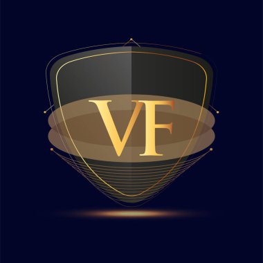 Kalkan simgesi olan ilk logo harfi VF koyu arkaplan üzerinde izole edilmiş altın rengi, şirket kimliği için logotip tasarımı.
