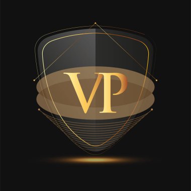Kalkan simgesi olan ilk logo harfi VP koyu arkaplan üzerinde izole edilmiş altın renk, şirket kimliği için logotip tasarımı.