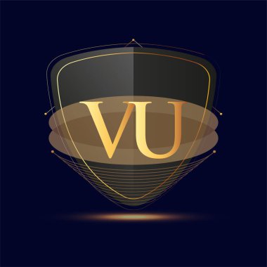 Kalkan simgesi olan ilk logo harfi VU koyu arkaplan üzerinde izole edilmiş altın rengi, şirket kimliği için logotip tasarımı.