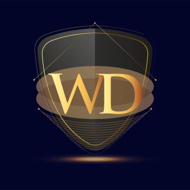 Kalkan simgesi ile ilk logo harfi WD koyu arkaplan üzerinde izole edilmiş altın rengi, şirket kimliği için logotip tasarımı.