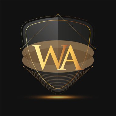Kalkan simgesi ile ilk logo harfi WA koyu arkaplan üzerinde izole edilmiş altın rengi, şirket kimliği için logotip tasarımı.