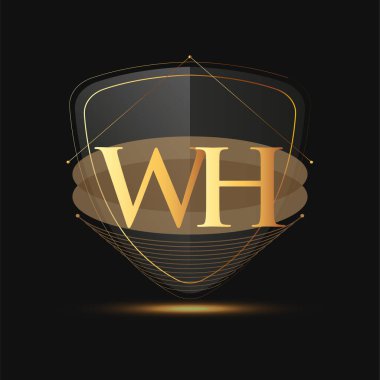 Kalkan simgesi ile ilk logo harfi WH koyu arkaplan üzerinde izole edilmiş altın rengi, şirket kimliği için logotip tasarımı.