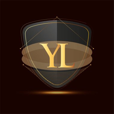 Kalkan simgesi olan ilk logo harfi YL koyu arkaplan üzerinde izole edilmiş altın renk, şirket kimliği için logotip tasarımı.