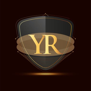 Kalkan simgesi olan ilk logo harfi YR koyu arkaplan üzerinde izole edilmiş altın rengi, şirket kimliği için logotip tasarımı.