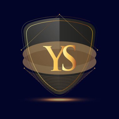 Koyu arkaplanda izole edilmiş kalkan simgesi altın rengi içeren ilk logo harfi YS, şirket kimliği için logotip tasarımı.