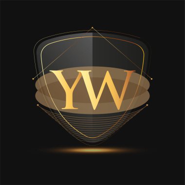 Kalkan simgesi olan ilk logo harfi YW koyu arkaplan üzerinde izole edilmiş altın rengi, şirket kimliği için logotip tasarımı.