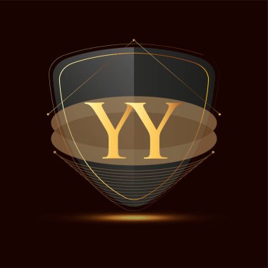 Kalkan simgesi olan ilk logo harfi YY koyu arkaplan üzerinde izole edilmiş altın rengi, şirket kimliği için logotip tasarımı.
