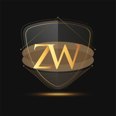 Kalkan simgesi altın renkli ilk logo harfi ZW koyu arkaplan üzerinde izole edilmiş, şirket kimliği için logotip tasarımı.