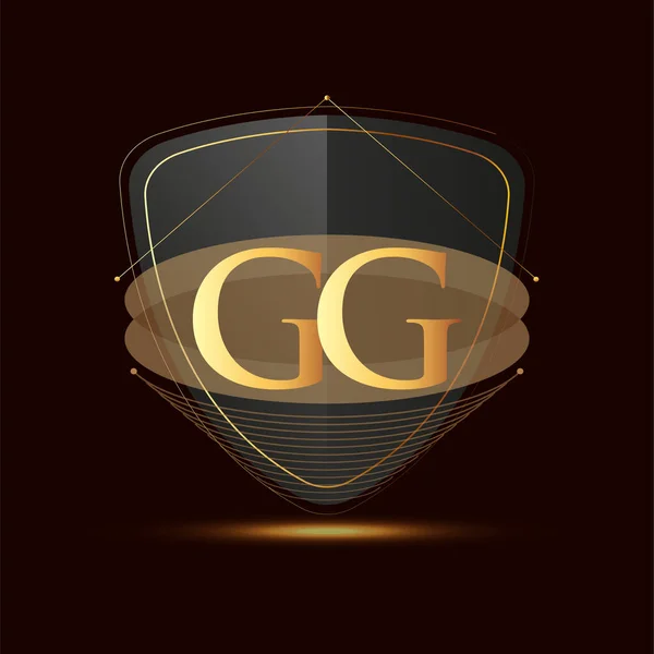 盾付き初期ロゴ文字Gg暗い背景に隔離されたアイコン黄金の色 会社のアイデンティティのためのロゴタイプのデザイン — ストックベクタ