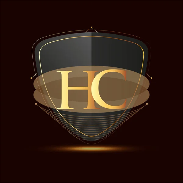 最初的标志字母Hc与盾牌图标的金黄色隔离在黑暗的背景 标志类型设计为公司的身份 — 图库矢量图片