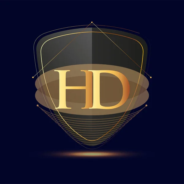 シールド付き初期ロゴ文字Hd暗い背景に隔離されたアイコン黄金の色 会社のアイデンティティのためのロゴタイプのデザイン — ストックベクタ