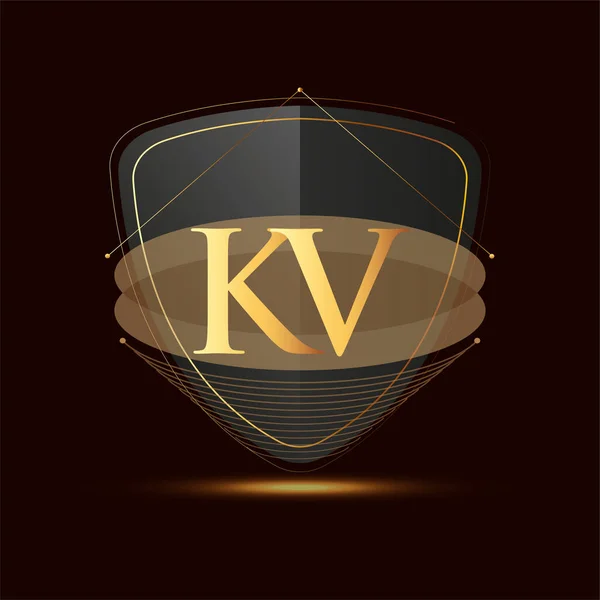 Kv标志的初始字母 带有屏蔽图标的金黄色隔离的深色背景 公司标识的标识设计 — 图库矢量图片
