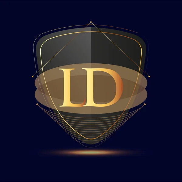 Logotipo Inicial Com Escudo Ícone Cor Dourada Isolado Fundo Escuro — Vetor de Stock