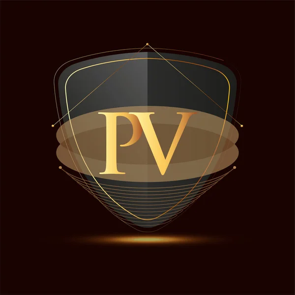 最初的标志字母Pv与盾牌图标的金色隔离在黑暗的背景 标志类型设计为公司的身份 — 图库矢量图片