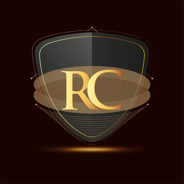 シールド付き初期ロゴレターRc暗い背景に隔離されたアイコン黄金の色 会社のアイデンティティのためのロゴタイプのデザイン — ストックベクタ