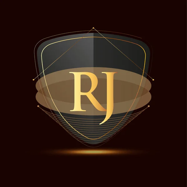 シールド付きの初期ロゴレターRj暗い背景に隔離されたアイコン黄金の色 会社のアイデンティティのためのロゴタイプデザイン — ストックベクタ