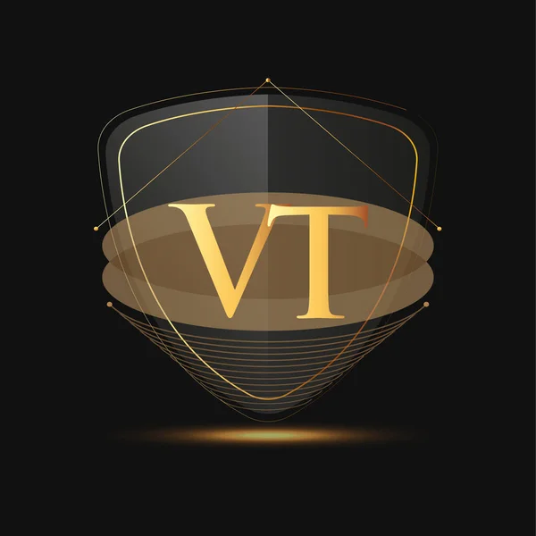 Počáteční Logo Písmeno Štítem Ikona Zlatá Barva Izolované Tmavém Pozadí — Stockový vektor