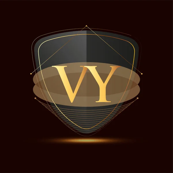 Počáteční Logo Písmeno Štítem Ikona Zlatá Barva Izolované Tmavém Pozadí — Stockový vektor