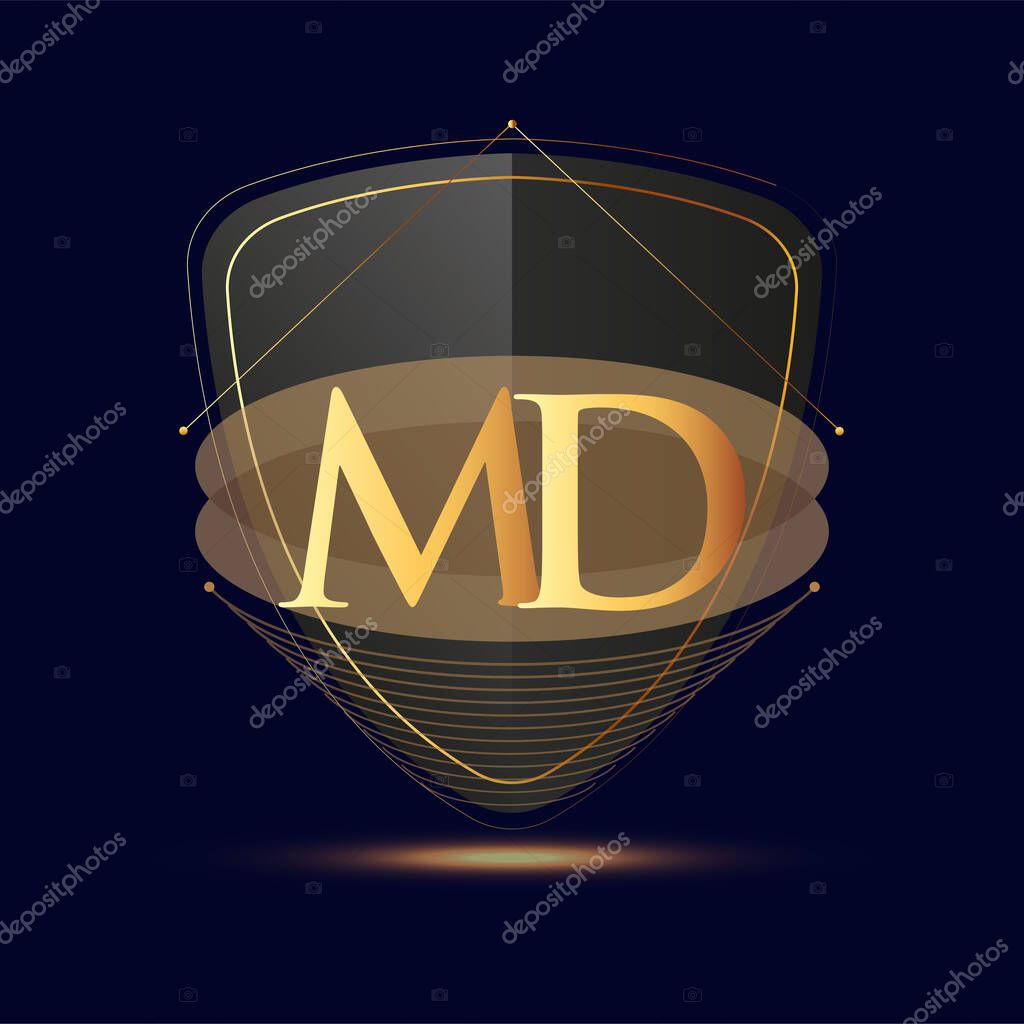 Initial logo letter MD with shield Icon golden color isolated on dark background, logotype design for company identity.
