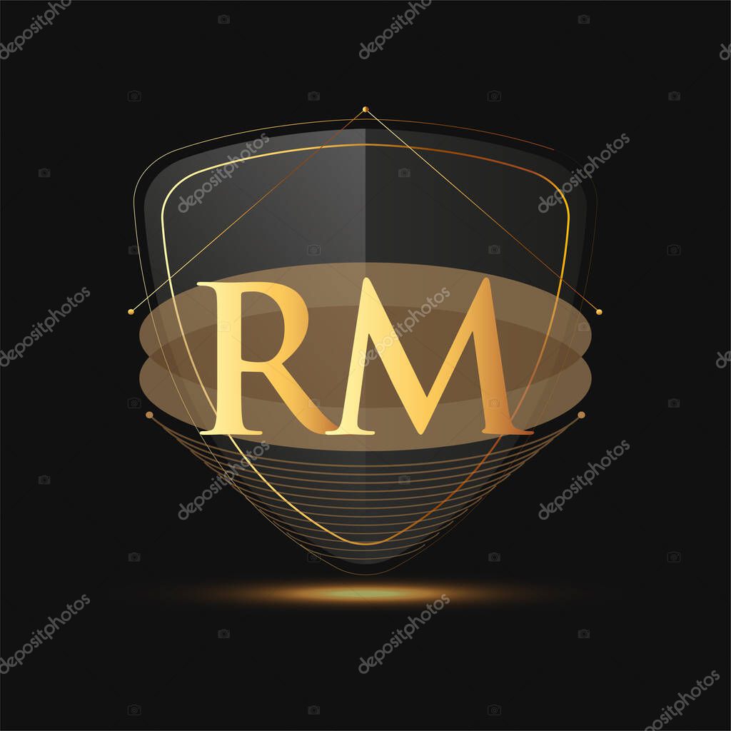 Initial logo letter RM with shield Icon golden color isolated on dark background, logotype design for company identity.