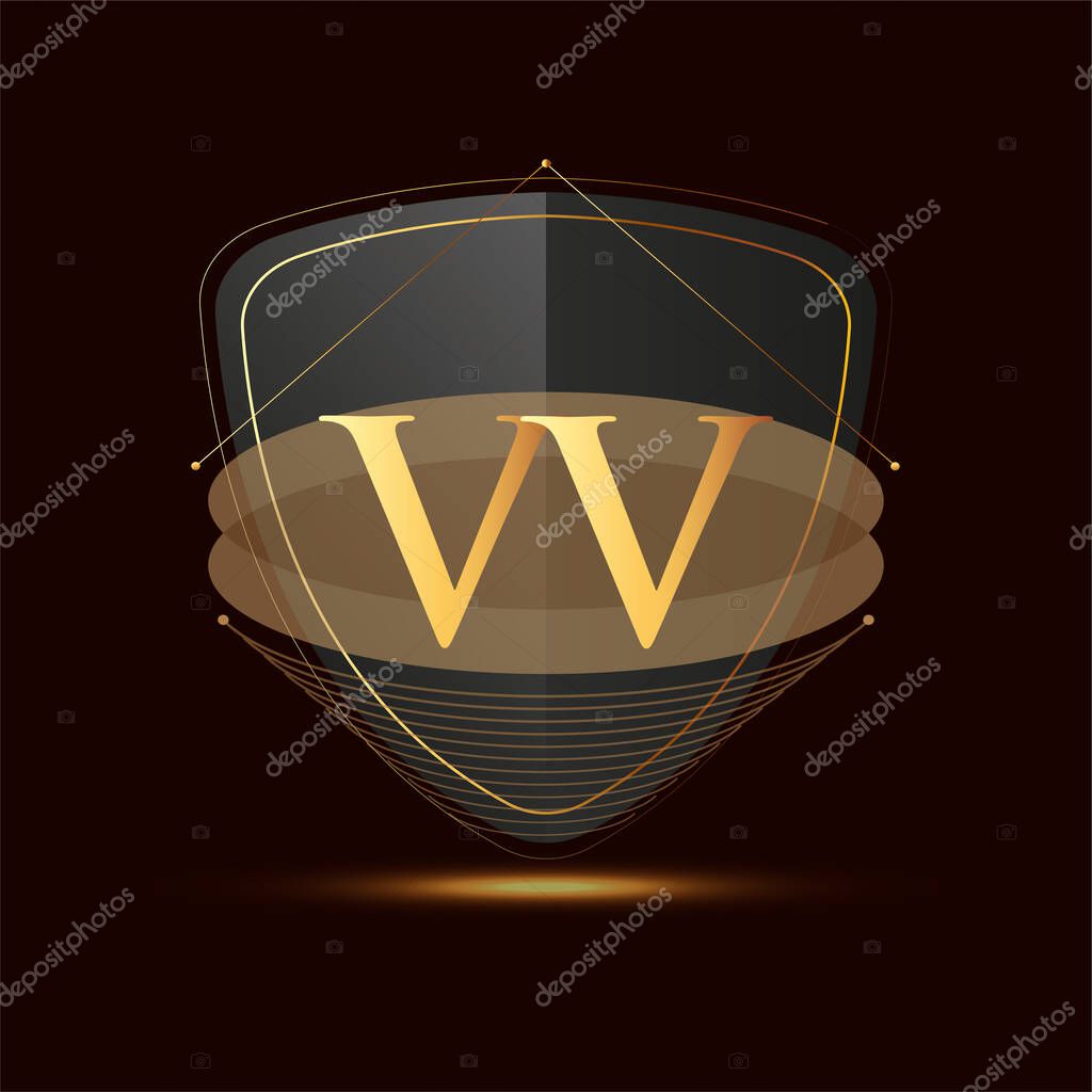 Initial logo letter VV with shield Icon golden color isolated on dark background, logotype design for company identity.