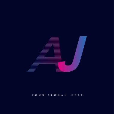 İlk harf logosu AJ çizgili kompozisyona sahip mavi ve mor renkli AJ, şirketiniz veya şirket kimliğiniz için vektör logosu şablon elemanları.