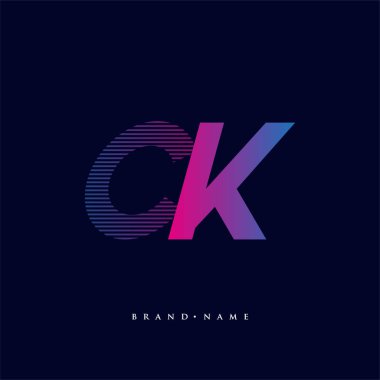 İlk harf CK logosu çizgili kompozisyona sahip mavi ve morumsu mavi renkli, şirketiniz veya şirket kimliğiniz için vektör logo şablonu unsurları.