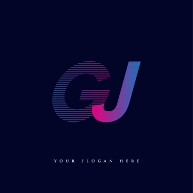 İlk harf logosu GJ çizgili kompozisyon ile mavi ve morumsu renklendirilmiş, şirketiniz veya şirket kimliğiniz için vektör logo şablonu unsurları tasarladı.