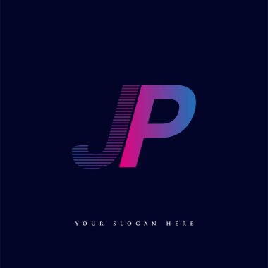 İlk harf logosu JP çizgili kompozisyon ile mavi ve morumsu renklendirilmiş, şirketiniz veya şirket kimliğiniz için vektör logo şablonu unsurları.
