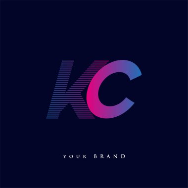 İlk harf logosu KC çizgili kompozisyon ile mavi ve morumsu renklendirilmiş, şirketiniz veya şirket kimliğiniz için vektör logo şablonu unsurları.