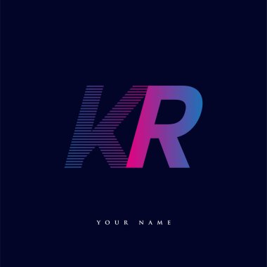 İlk harf logosu KR çizgili kompozisyon ile mavi ve morumsu renklendirilmiş, şirketiniz veya şirket kimliğiniz için vektör logo şablonu unsurları.