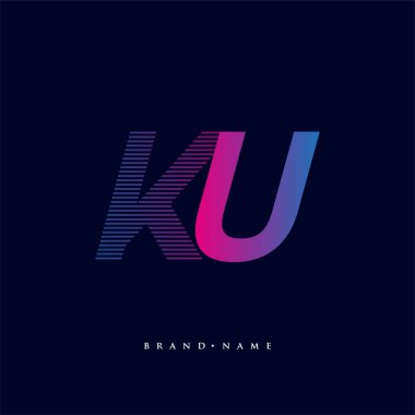 İlk harf logosu KU çizgili kompozisyon ile mavi ve morumsu renklendirilmiş, şirketiniz veya şirket kimliğiniz için vektör logo şablonu unsurları.