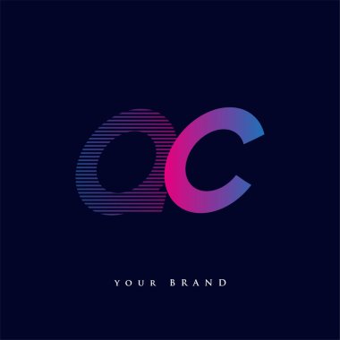 İlk harf logosu QC çizgili kompozisyona sahip mavi ve morumsu mavi renkli, şirket veya şirket kimliğiniz için vektör logosu şablon elemanları.