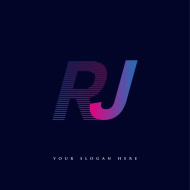 İlk harf logosu RJ çizgili kompozisyon ile mavi ve morumsu renklendirilmiş, şirketiniz veya şirket kimliğiniz için vektör logo şablonu unsurları.