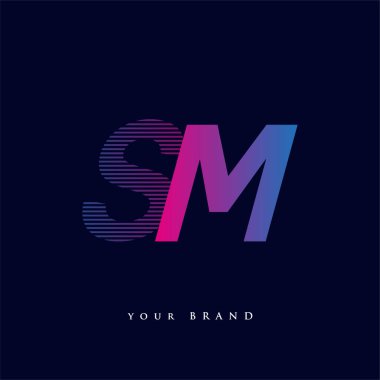 İlk harf logosu çizgili kompozisyonu olan mavi ve morumsu SM logosu, şirket veya şirket kimliğiniz için vektör logosu şablonu unsurları.