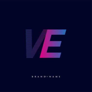 İlk harf logosu VE renkli mavi ve morumsu çizgili kompozisyon, şirketiniz veya şirket kimliğiniz için vektör logo tasarım şablonu unsurları.