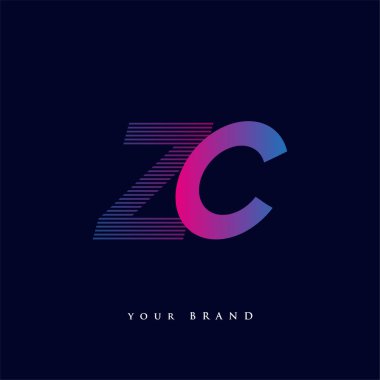 İlk harf logosu ZC çizgili kompozisyona sahip mavi ve morumsu renkli, şirket veya şirket kimliğiniz için vektör logosu şablon elemanları.