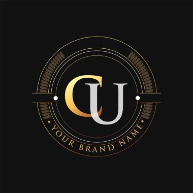 İlk harf CU altın ve beyaz logosu, damga ve daire nesnesi ile birlikte, şirket kimliğiniz veya şirket kimliğiniz için vektör logosu şablonu unsurları tasarlar.