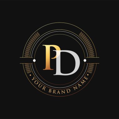 İlk harf logosu PD altın ve beyaz, damga ve daire nesnesi ile birlikte, Vector logosu şirket kimliğiniz veya şirket kimliğiniz için şablon elemanları dizayn eder.