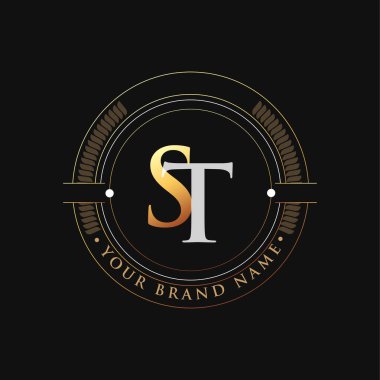 İlk harf logosu ST altın ve beyaz renk, damga ve daire nesnesi ile, şirket kimliğiniz veya şirket kimliğiniz için vektör logosu şablonu unsurları.